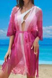 Rose Red Sexy Patchwork Tassel Cardigan Contrast Swimwears Cover Up