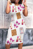 Blue Elegant Print Patchwork O Neck Wrapped Skirt Dresses