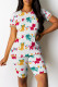 White Yellow Casual Print Patchwork O Neck Short Sleeve Two Pieces