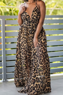 Leopard Print Celebrities Leopard Bandage Hollowed Out Patchwork Backless Slit Spaghetti Strap Sling Dresses