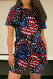 Deep Blue Casual Print Patchwork O Neck Short Sleeve Two Pieces