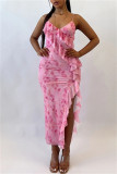 Pink Sexy Print Solid Backless Slit Spaghetti Strap Long Dresses