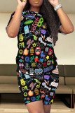 Black Red Casual Print Patchwork O Neck Short Sleeve Two Pieces