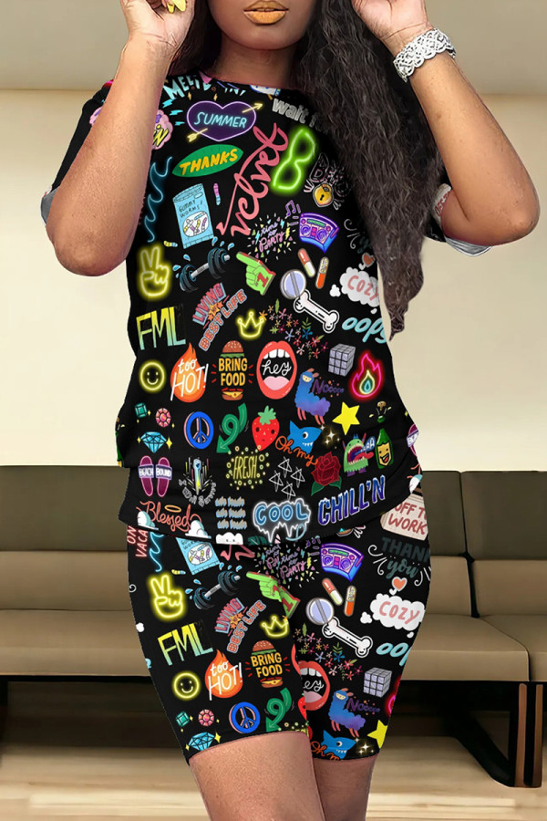 Black Casual Print Patchwork O Neck Short Sleeve Two Pieces
