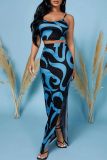 Blue Sexy Casual Print Backless Slit Spaghetti Strap Sleeveless Two Pieces