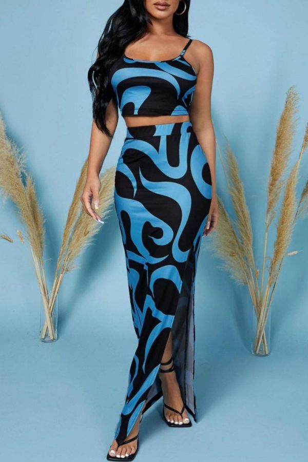 Blue Sexy Casual Print Backless Slit Spaghetti Strap Sleeveless Two Pieces