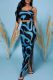 Blue Sexy Casual Print Backless Slit Spaghetti Strap Sleeveless Two Pieces