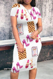 Blue Elegant Print Patchwork O Neck Wrapped Skirt Dresses