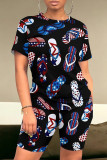Blue Red Casual Print Patchwork O Neck Short Sleeve Two Pieces
