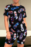 Deep Blue Casual Print Patchwork O Neck Short Sleeve Two Pieces