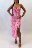 Pink Sexy Print Solid Backless Slit Spaghetti Strap Long Dresses