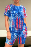 Blue Red Casual Print Patchwork O Neck Short Sleeve Two Pieces