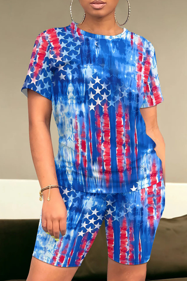 Baby Blue Casual Print Patchwork O Neck Short Sleeve Two Pieces