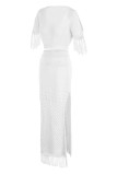 Blue Sexy Solid Tassel Slit V Neck Short Sleeve Two Pieces