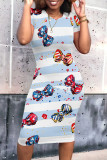 White Elegant Print Patchwork O Neck Wrapped Skirt Dresses