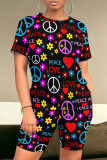 Black Red Casual Print Patchwork O Neck Short Sleeve Two Pieces