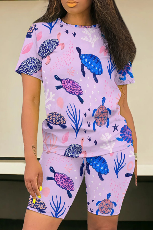 Light Purple Casual Print Patchwork O Neck Short Sleeve Two Pieces