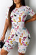White Pink Casual Print Patchwork O Neck Short Sleeve Two Pieces