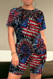 Deep Blue Casual Print Patchwork O Neck Short Sleeve Two Pieces