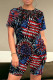 Black Red Casual Print Patchwork O Neck Short Sleeve Two Pieces