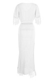 Blue Sexy Solid Tassel Slit V Neck Short Sleeve Two Pieces