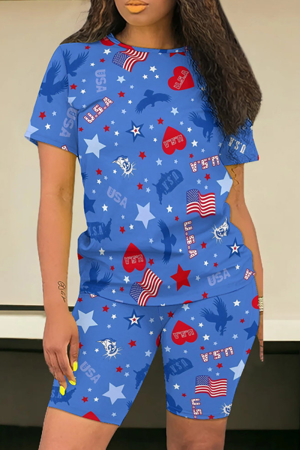 Sky Blue Casual Print Patchwork O Neck Short Sleeve Two Pieces
