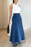 Blue Casual Solid Patchwork Basic High Waist Skinny Denim Skirts