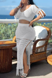Blue Sexy Solid Tassel Slit V Neck Short Sleeve Two Pieces