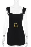 Black Sexy Solid Patchwork Square Collar Wrapped Skirt Dresses