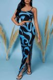 Blue Sexy Casual Print Backless Slit Spaghetti Strap Sleeveless Two Pieces