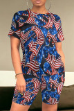 Deep Blue Casual Print Patchwork O Neck Short Sleeve Two Pieces