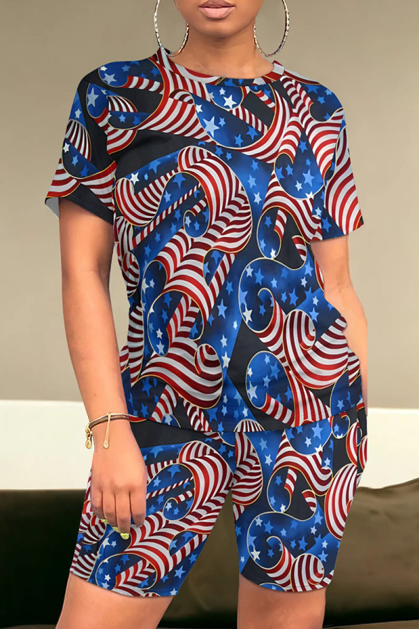 Deep Blue Casual Print Patchwork O Neck Short Sleeve Two Pieces