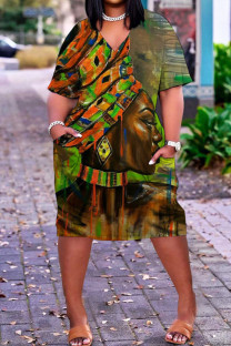 Green Casual Print Patchwork V Neck Straight Plus Size Dresses