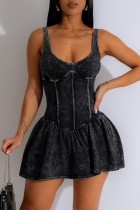 Black Casual Solid Backless U Neck Vest Dresses