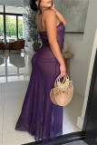 Purple Sexy Solid See-through Backless Slit Spaghetti Strap Long Dresses