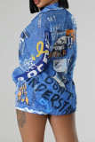 Blue Casual Print Patchwork Pocket Cardigan Collar Long Sleeve Two Pieces