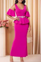 Rose Red Elegant Solid Patchwork Backless Slit Stringy Selvedge V Neck Long Dresses