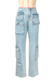 Blue Casual Solid Patchwork Pocket High Waist Straight Denim Jeans