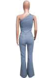 Light Blue Street Solid Patchwork Pocket Oblique Collar Sleeveless High Waist Regular Denim Jumpsuits