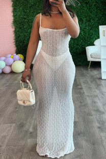 White Sexy Solid Patchwork Backless Spaghetti Strap Sling Dresses