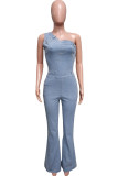 Light Blue Street Solid Patchwork Pocket Oblique Collar Sleeveless High Waist Regular Denim Jumpsuits
