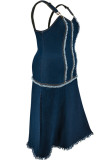 Deep Blue Elegant Tassel Patchwork Backless Contrast Asymmetrical Collar A Line Plus Size Dresses