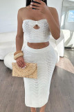 White Elegant Solid Hollowed Out Patchwork High Opening Strapless Sleeveless Two Pieces