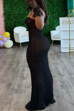 Black Sexy Solid Patchwork Backless Spaghetti Strap Sling Dresses