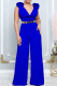 Royal Blue Celebrities Solid Patchwork Fold With Belt V Neck Loose Jumpsuits