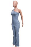 Light Blue Street Solid Patchwork Pocket Oblique Collar Sleeveless High Waist Regular Denim Jumpsuits