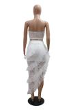 White Sexy Solid Patchwork Backless Asymmetrical Strapless Sleeveless Two Pieces