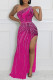 Rose Red Sexy Patchwork Backless High Opening Hot Drill Oblique Collar Long Dresses