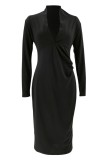 Black Casual Solid Basic V Neck Long Sleeve Dresses