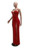 Red Sexy Solid See-through Backless Slit Spaghetti Strap Long Dresses